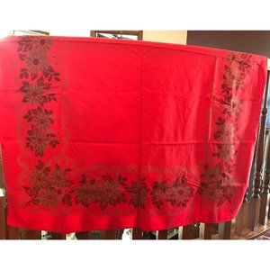 Vintage Printed Linen Tablecloth, Turkey Red +Gold Christmas Poinsettias/Candles